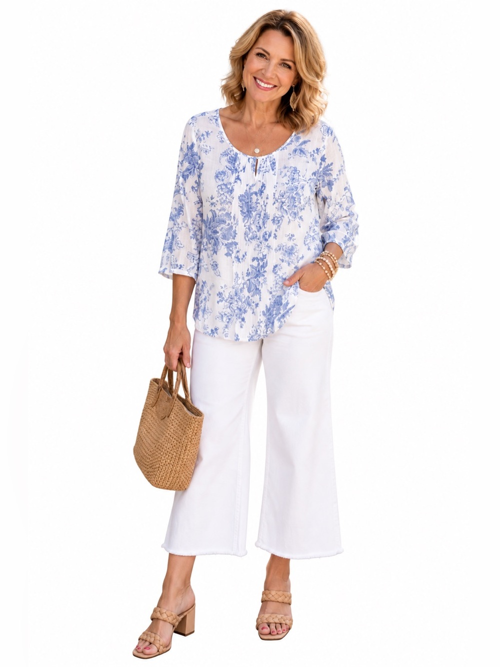 Northern Reflections Blue & White Floral 100% Cotton Blouse Medium